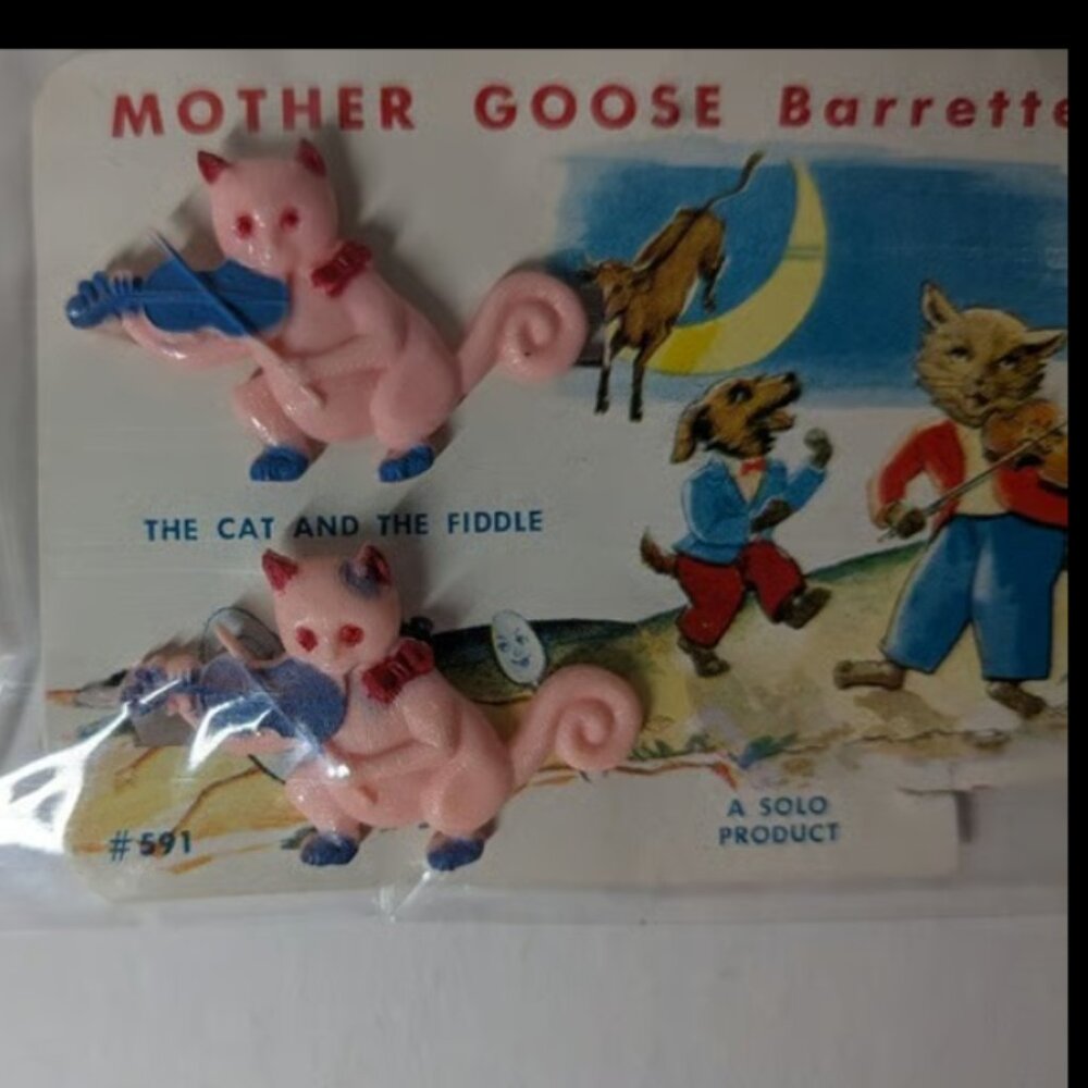 1950s Mother Goose Barrettes The Cat and the Fiddle SOLO Clips Vintage